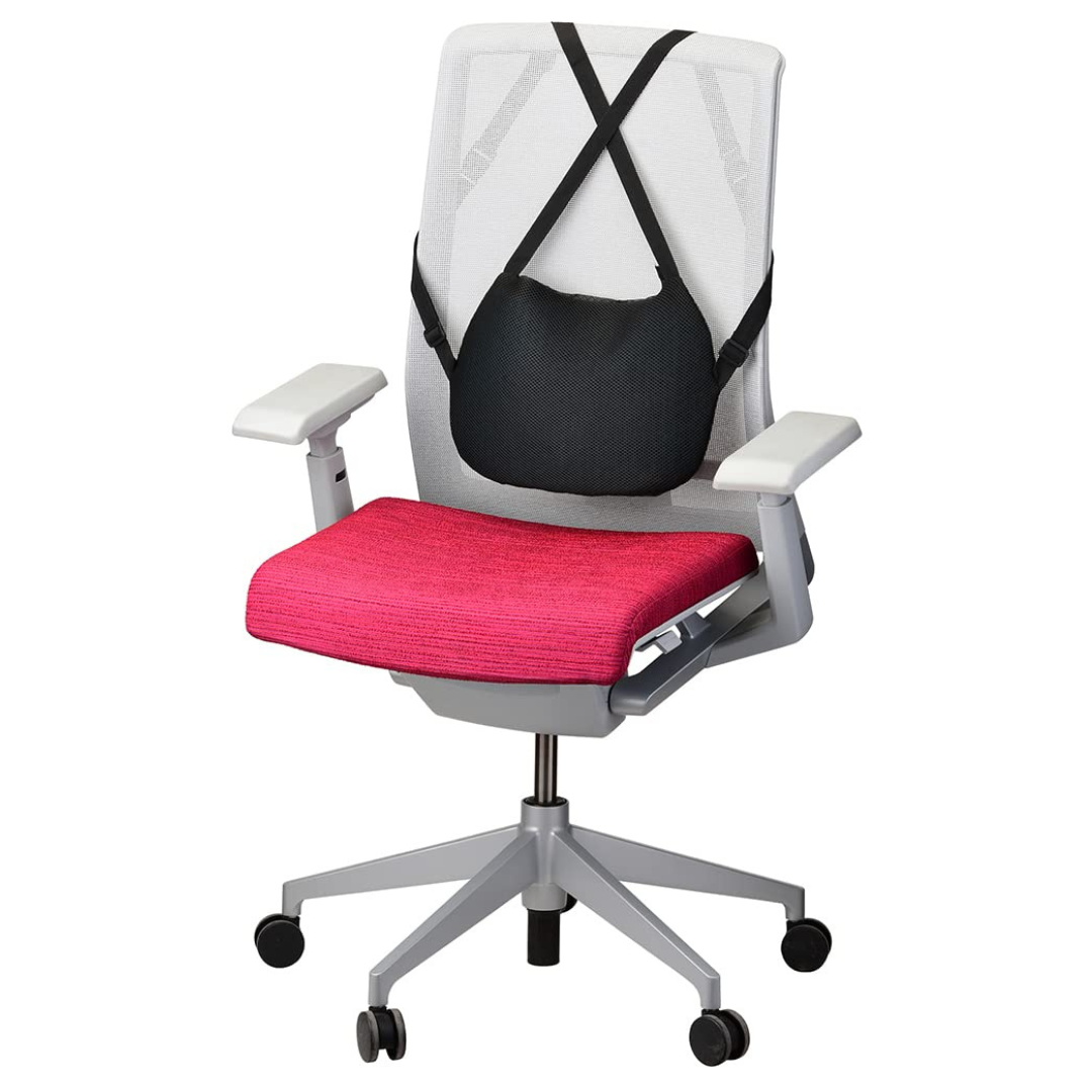 The Nova Medical Happy Collection features an ergonomic office chair with a white mesh backrest and armrests, a bright pink seat cushion, black lumbar support strap, and a five-wheel base for easy mobility.